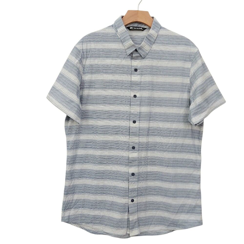 Travis Mathew Shirt Mens Large Blue Striped Short Sleeve Stretch Casual Golf